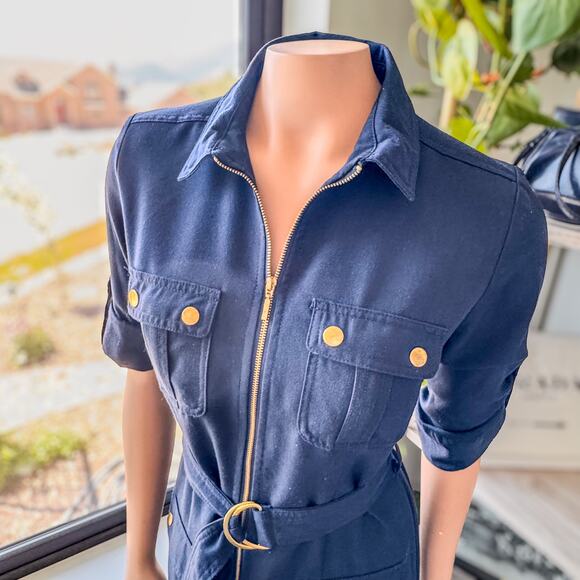 Sharagano Women's Navy Blue w/ Gold Accents Belted Collared Shirt Dress, Size: 4 - Picture 3 of 10